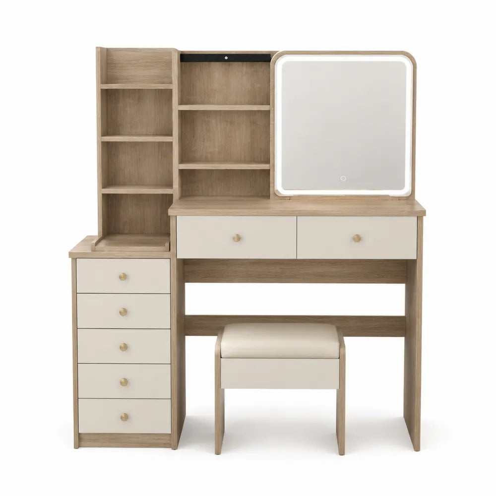Oak and Beige Vanity Set with LED Mirror and Shelves