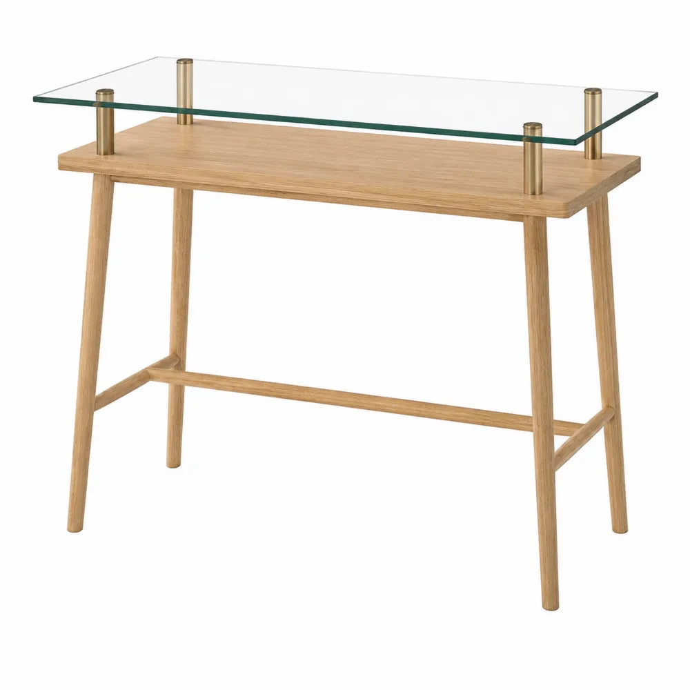 Glass Top Console Desk with Oak Frame