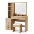 Wooden Vanity Table Set with LED Mirror and Stool, Light Oak