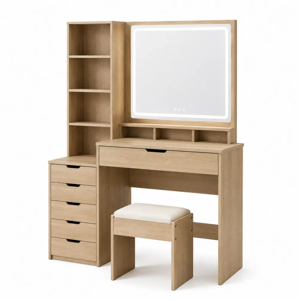 Wooden Vanity Table Set with LED Mirror and Stool, Light Oak