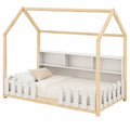 Wooden House Bed Frame with Fence and Storage Shelves for Children Natural/White 208x98x150 cm