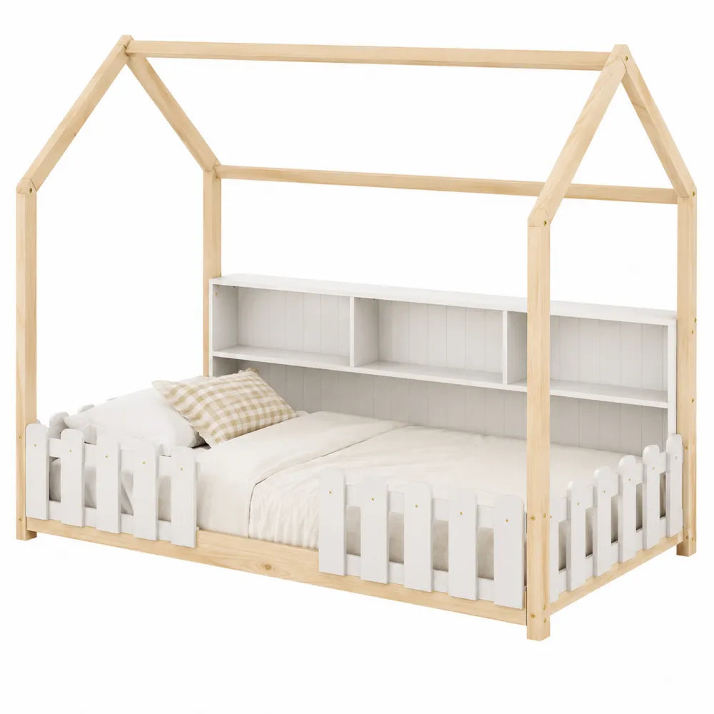 Wooden House Bed Frame with Fence and Storage Shelves for Children Natural/White 208x98x150 cm