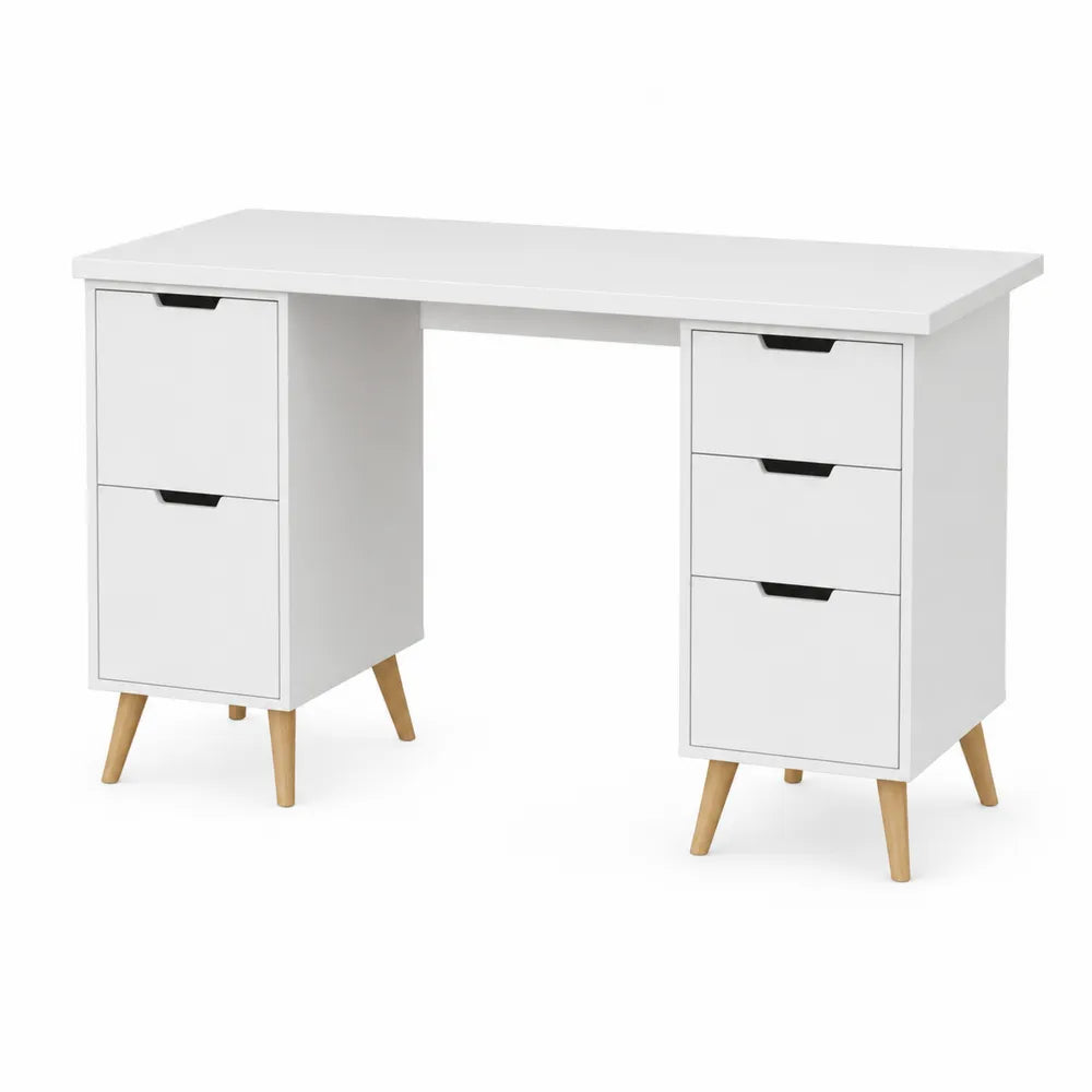 White MDF Desk with Storage Drawers and Wood Legs