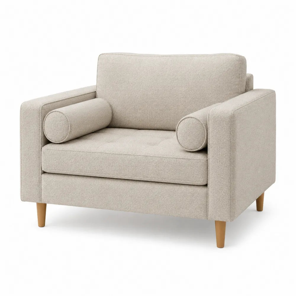 Beige Upholstered Armchair with Wood Legs