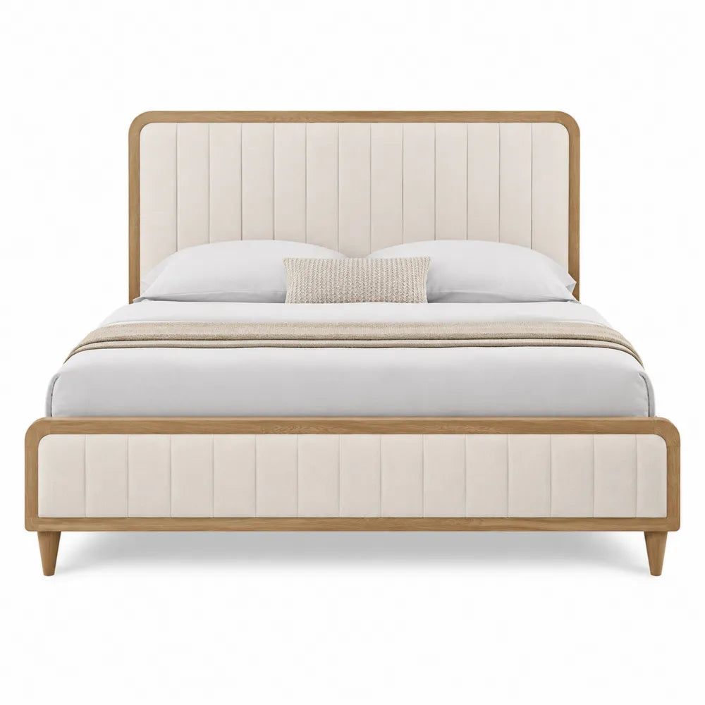 Upholstered Bed with Solid Oak Frame and Cream Polyester Fabric King Size