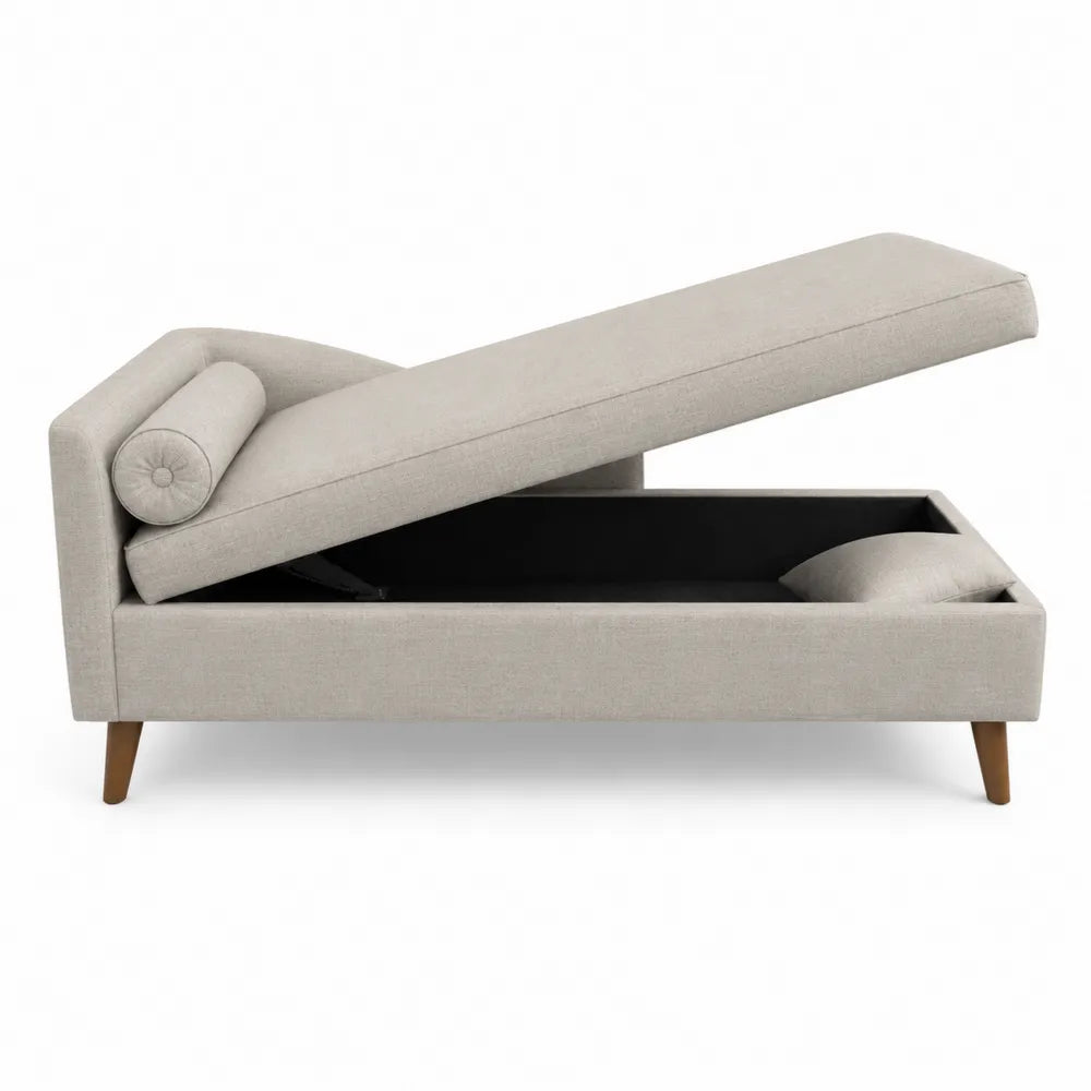 Beige Linen Upholstered Chaise Lounge with Storage and Wooden Legs