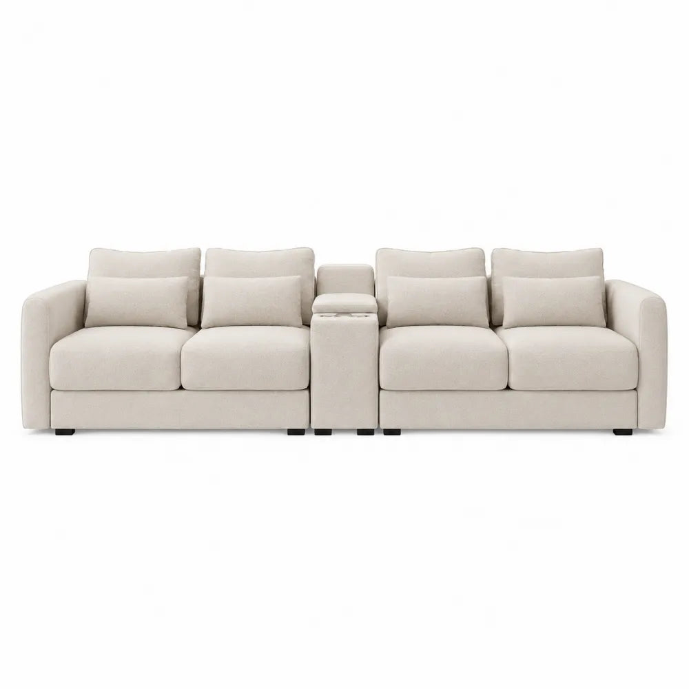 Beige Fabric Sectional Sofa with Console and Cushions