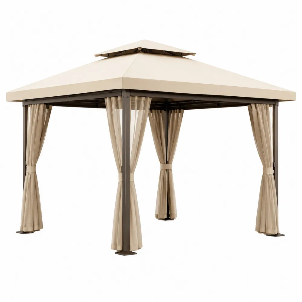 Square Outdoor Gazebo Steel Frame Polyester Canopy Beige 3x3m