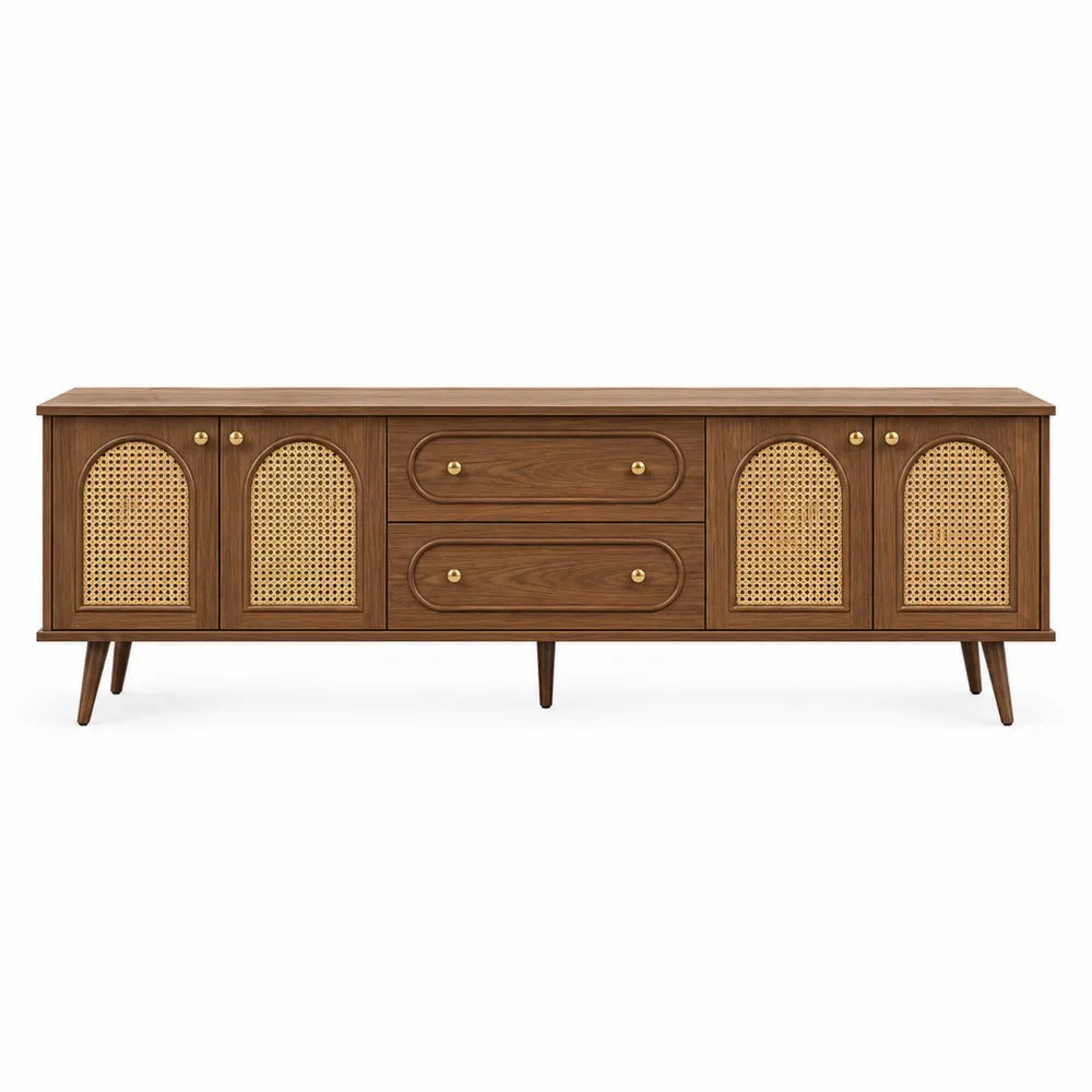 Mid-Century Modern TV Stand Walnut Wood and Rattan 180cm