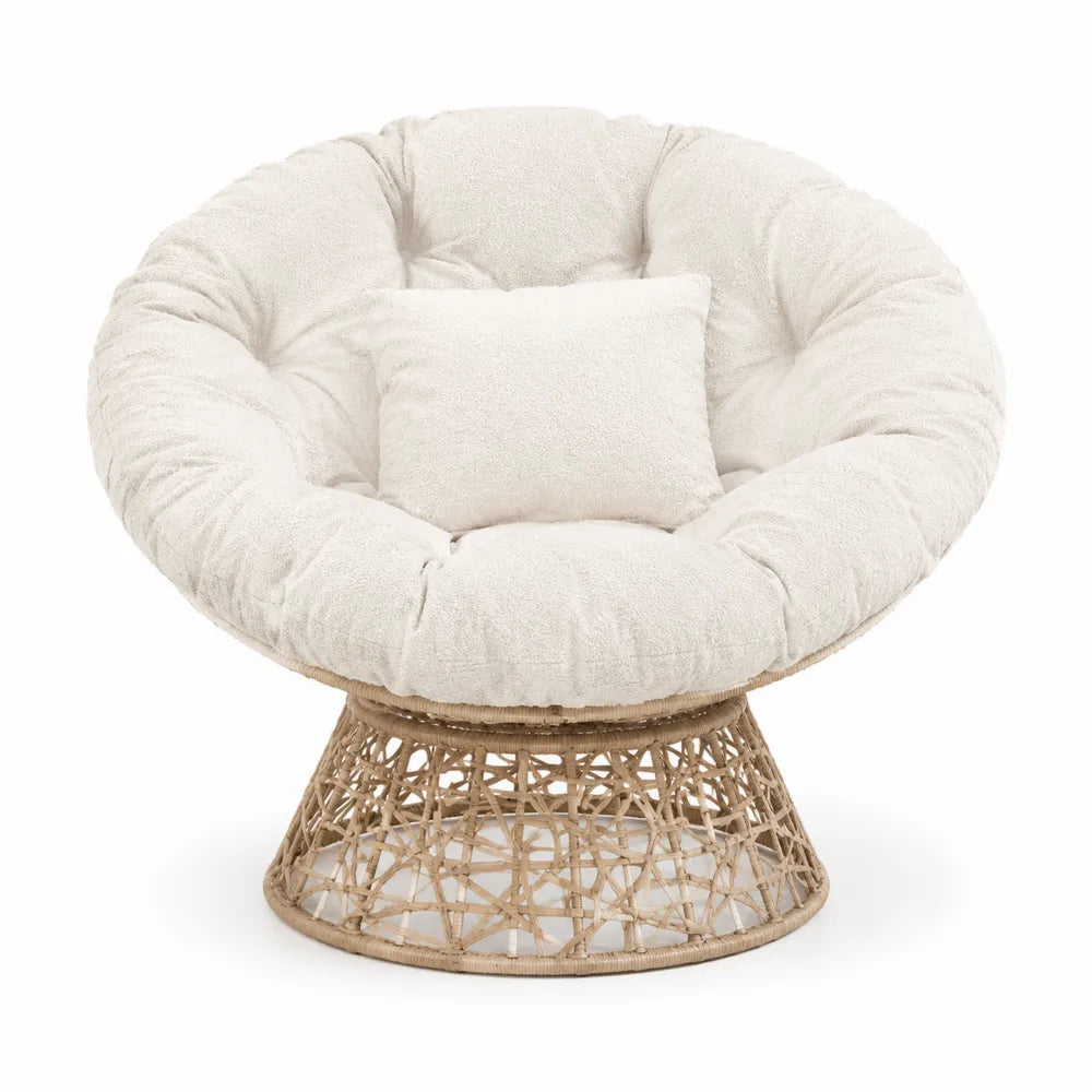 Rattan Base Lounge Chair with Plush Fabric Upholstery in Off-White