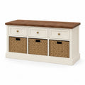 Wooden Storage Bench with Drawers and Wicker Baskets