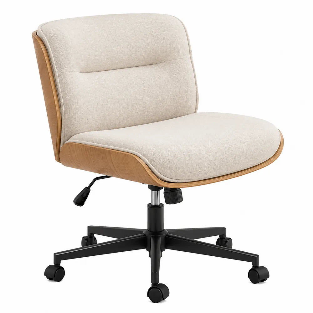 Office Chair Bentwood Frame Polyester Fabric Beige Adjustable Swivel