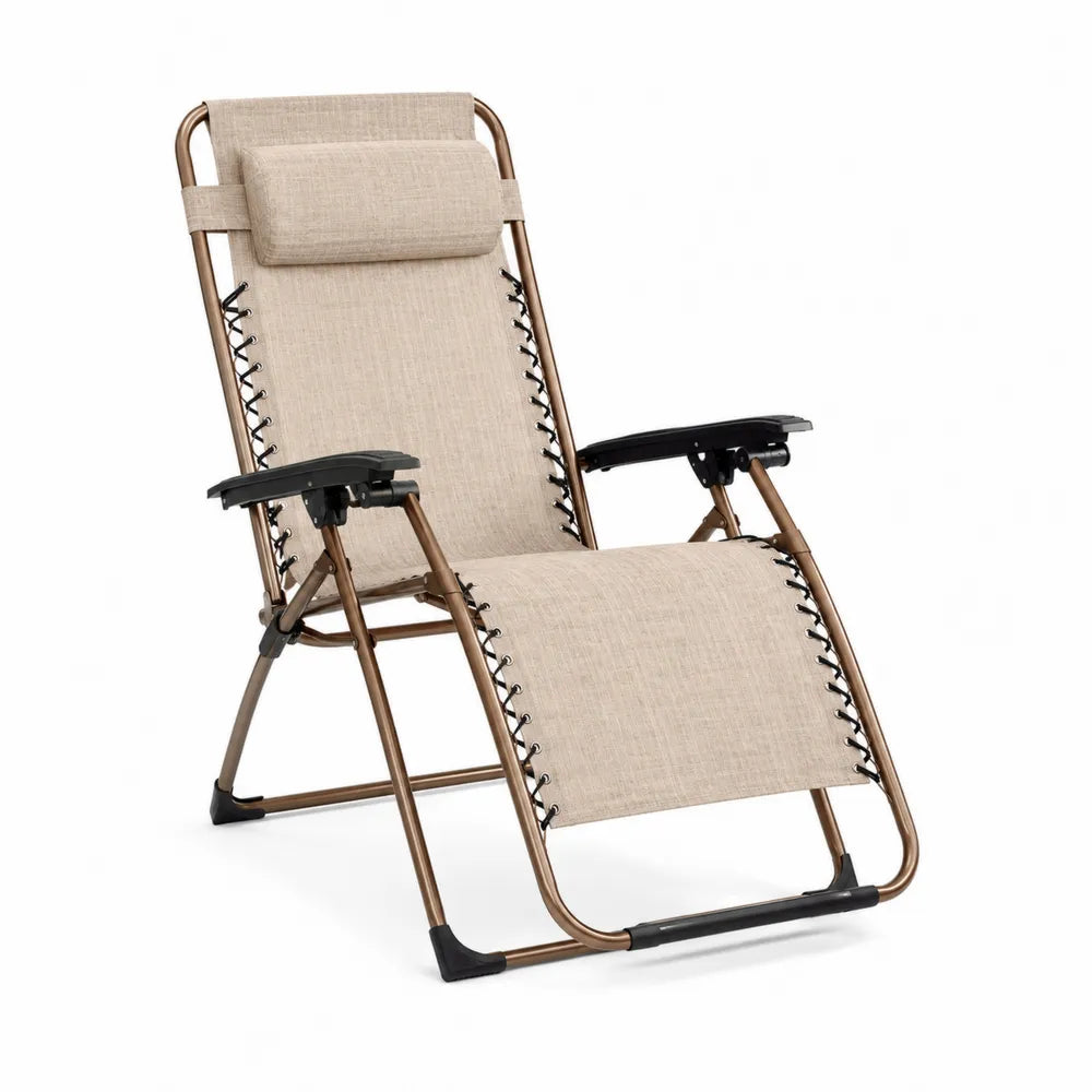 Folding Outdoor Chair Steel Frame Polyester Fabric Adjustable Recline with Pillow