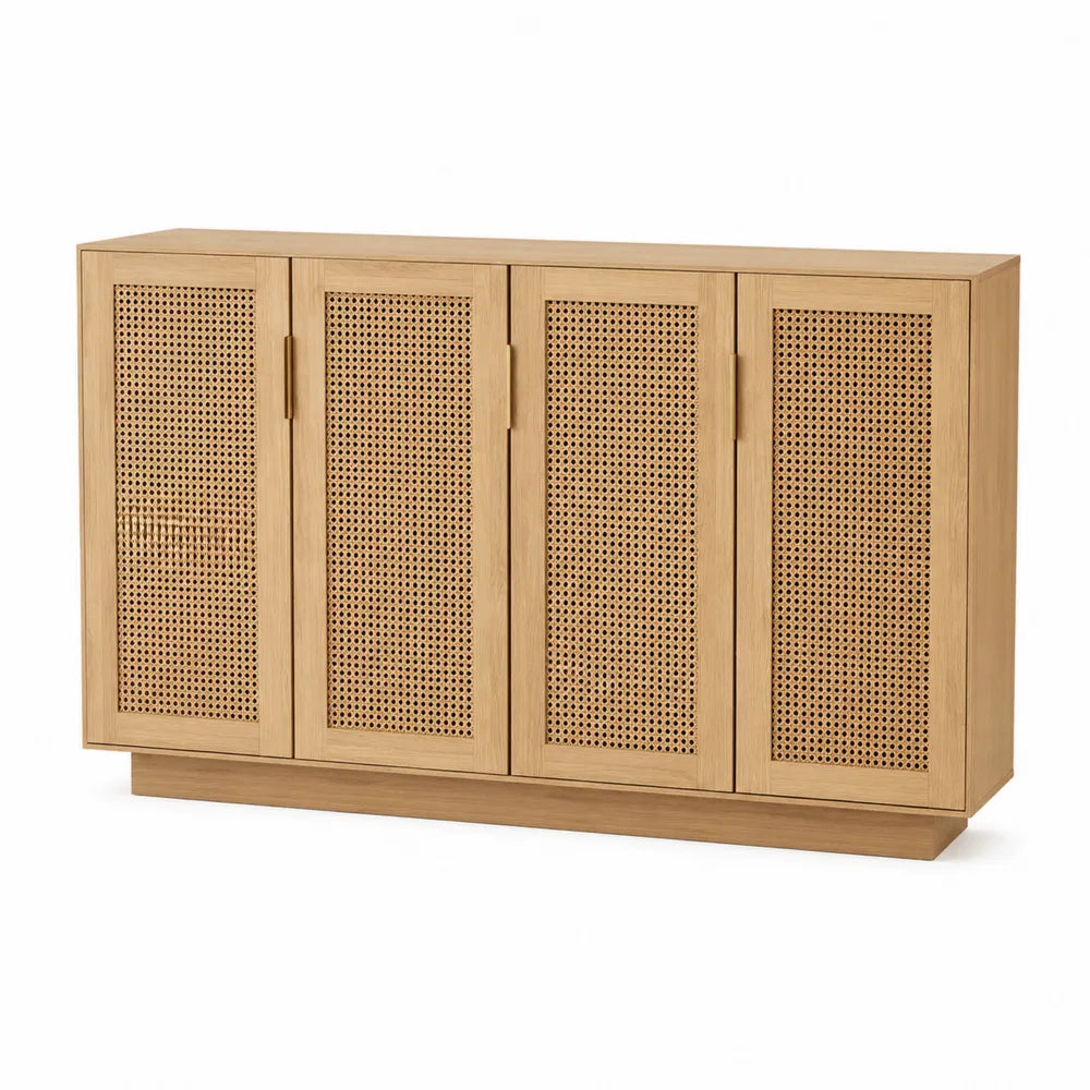 Wooden Storage Cabinet with Rattan Doors Natural Finish 80cm H x 120cm W x 40cm D