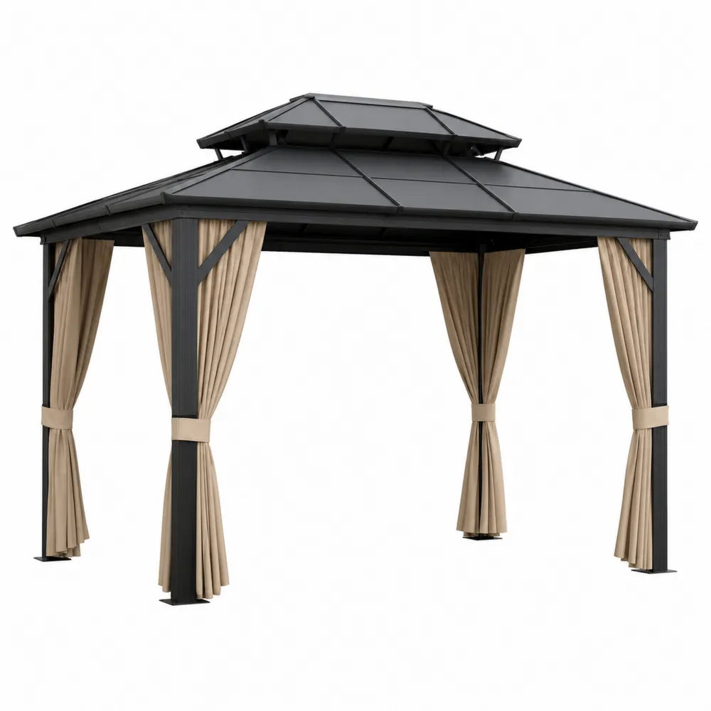 Metal Frame Gazebo with Polycarbonate Roof and Polyester Curtains