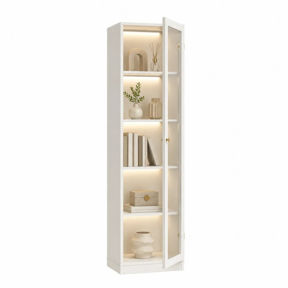 Tall Glass Door Bookcase MDF White with LED Lighting 180cm