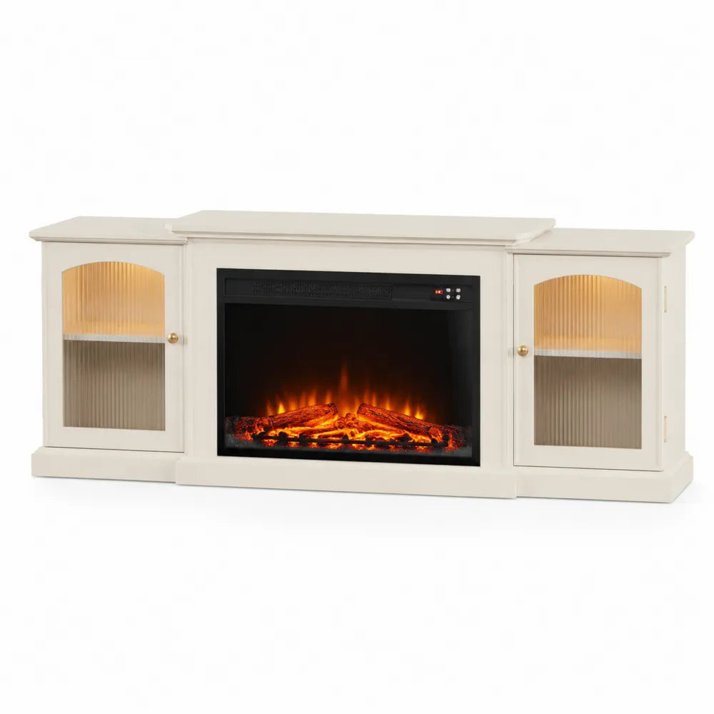 White Electric Fireplace TV Stand with Storage and Glass Doors