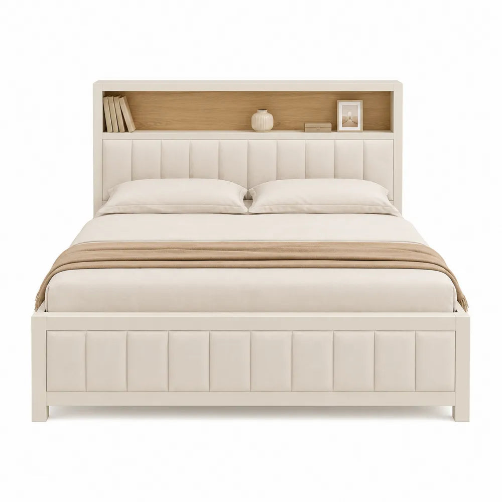 Queen Size Beige Upholstered Bed with Shelf Headboard