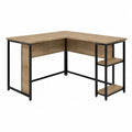 L-Shaped Particleboard Desk with Black Metal Frame and Shelves