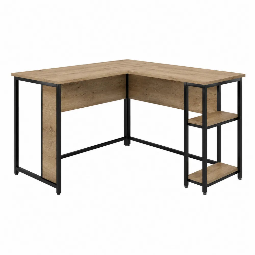 L-Shaped Particleboard Desk with Black Metal Frame and Shelves