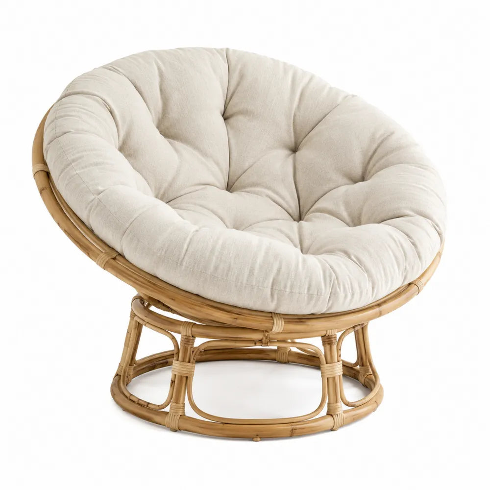 Rattan Papasan Chair with Beige Cotton Cushion