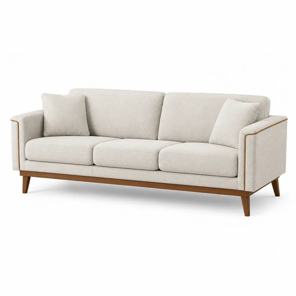 Three Seater Sofa Wood Polyester Blend Beige
