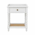 White Wood Nightstand with Drawer and Rattan Shelf