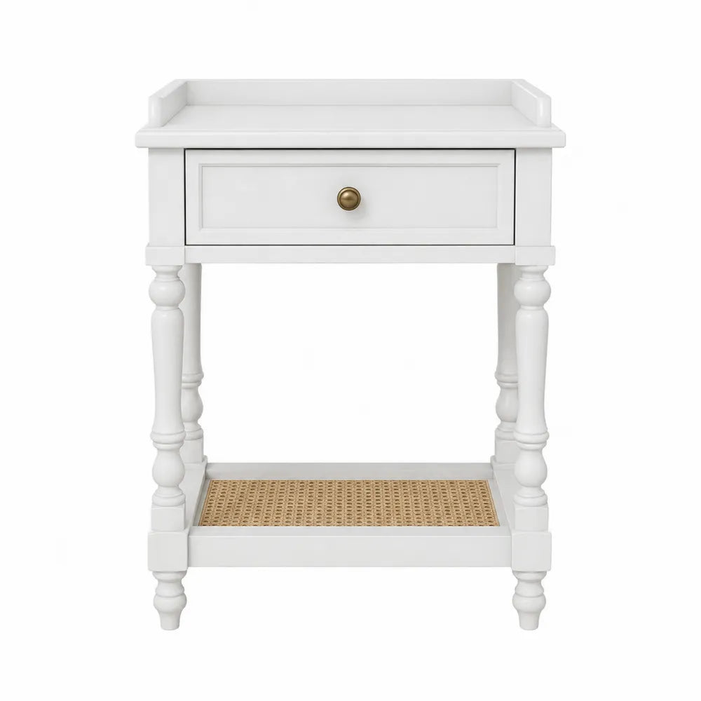 White Wood Nightstand with Drawer and Rattan Shelf