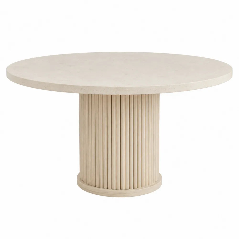 Round Dining Table Limestone Top Wood Base Beige 120cm