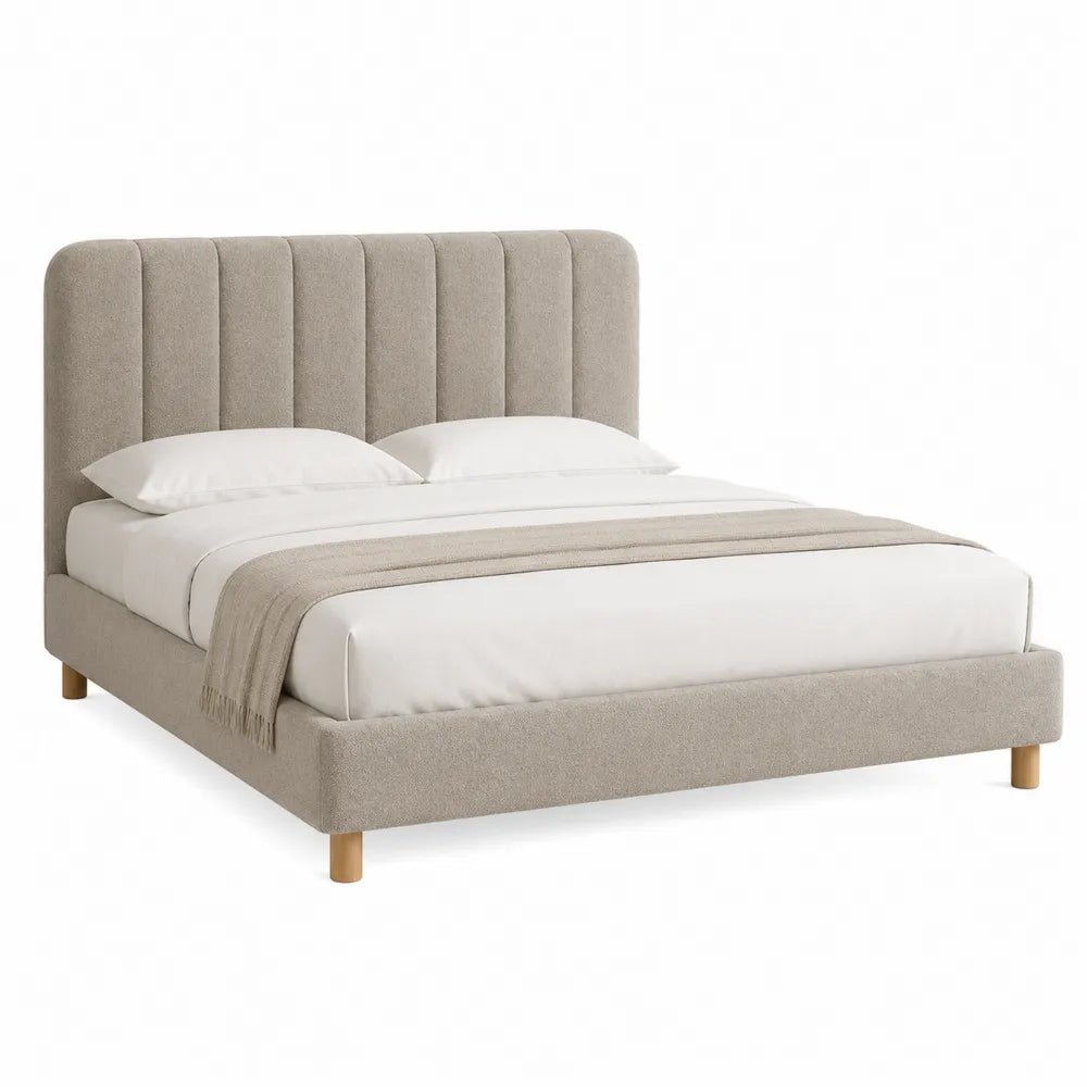Linen Fabric Upholstered Bed Frame with Solid Wood Legs, Beige, Queen Size