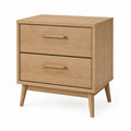 Oak Wood Nightstand with Brass Handles, 2-Drawer, Rectangular