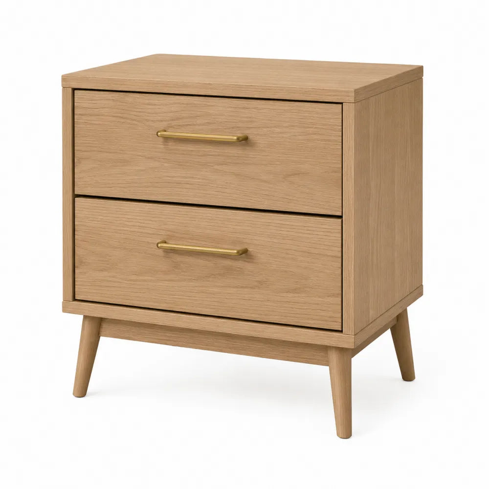 Oak Wood Nightstand with Brass Handles, 2-Drawer, Rectangular