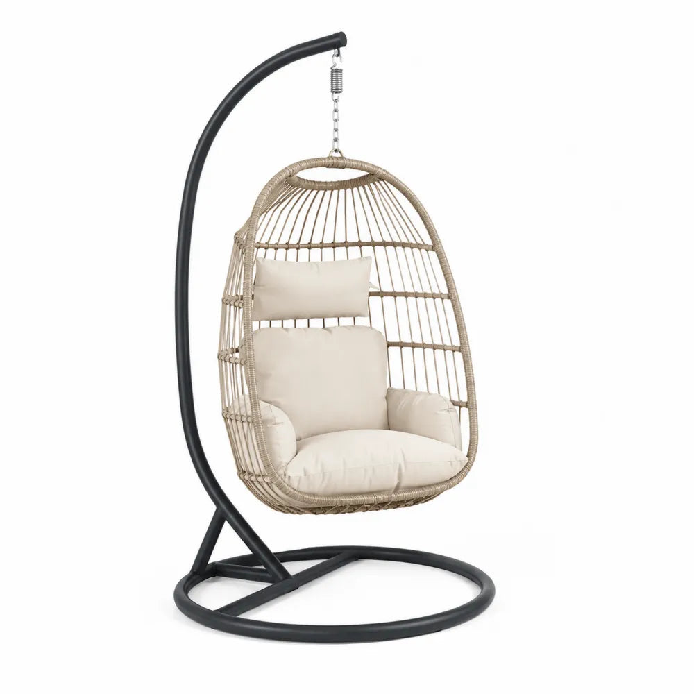 Hanging Egg Chair with Steel Frame and Beige Cushions