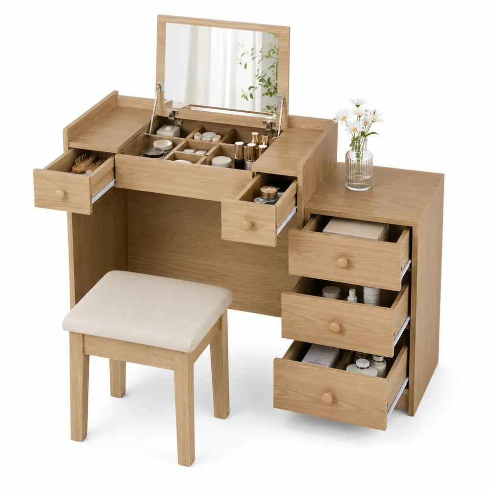 Wood Vanity Set with Mirror and Drawers Oak 100x40x75cm