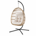 Outdoor Rattan Hanging Egg Chair with Beige Cushions