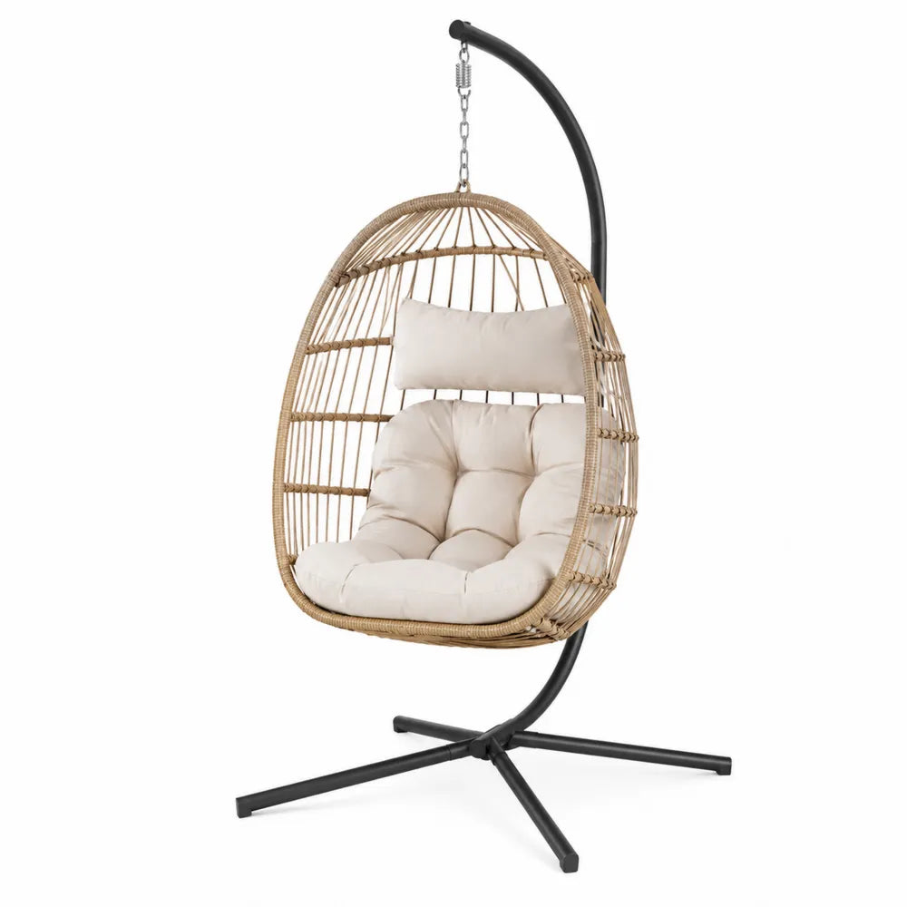 Outdoor Rattan Hanging Egg Chair with Beige Cushions
