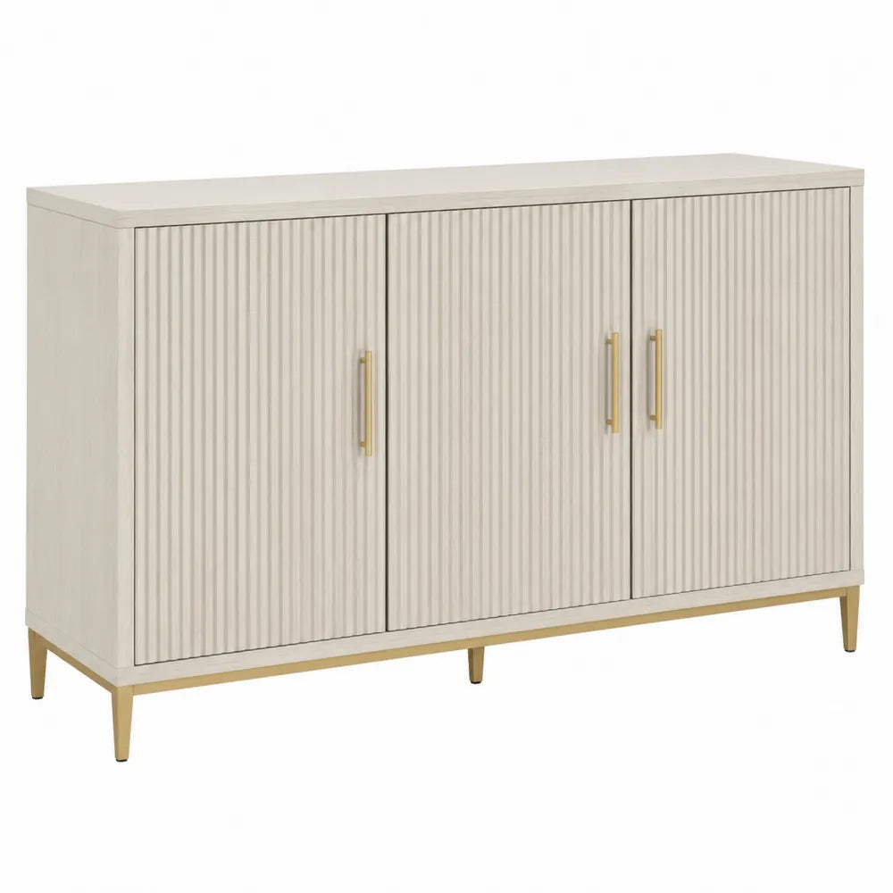 Rectangular Wood Sideboard with Ribbed Design and Gold Accents 59.8in Beige