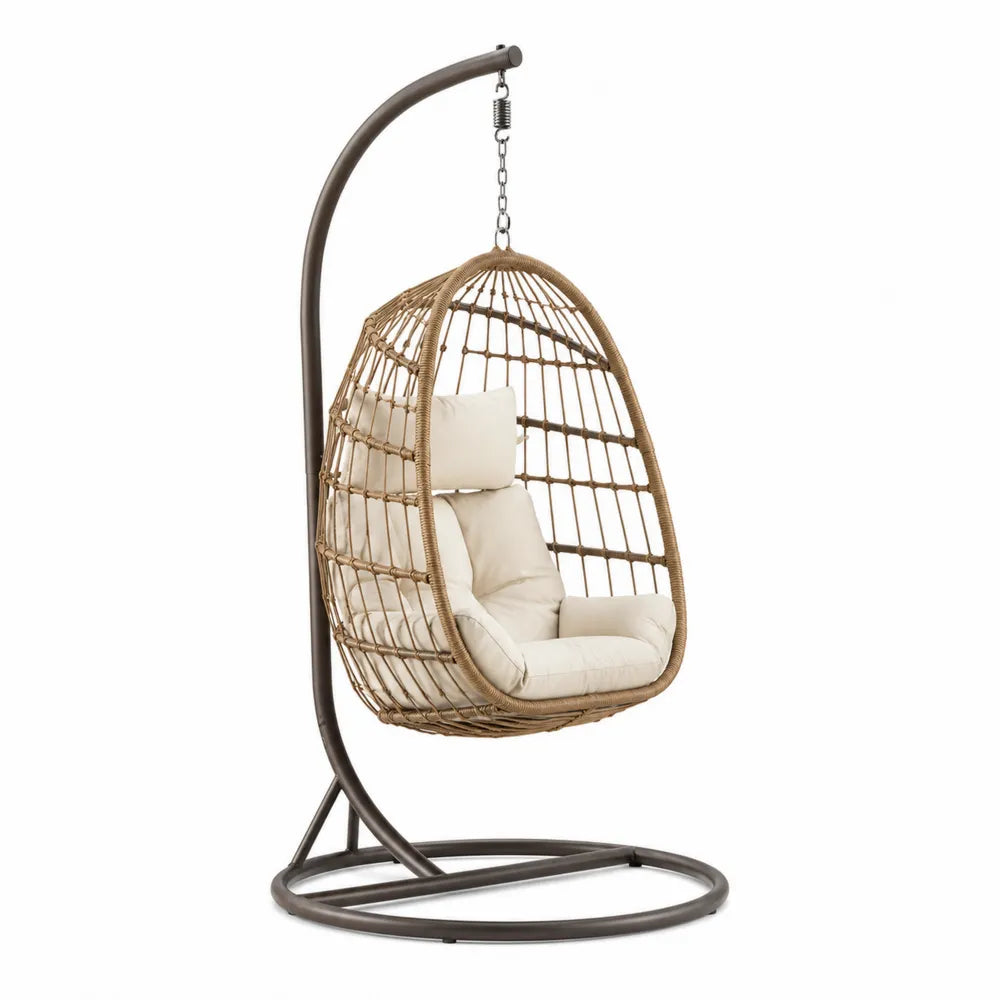 Outdoor Hanging Egg Chair Steel Frame PE Rattan Beige Cushions