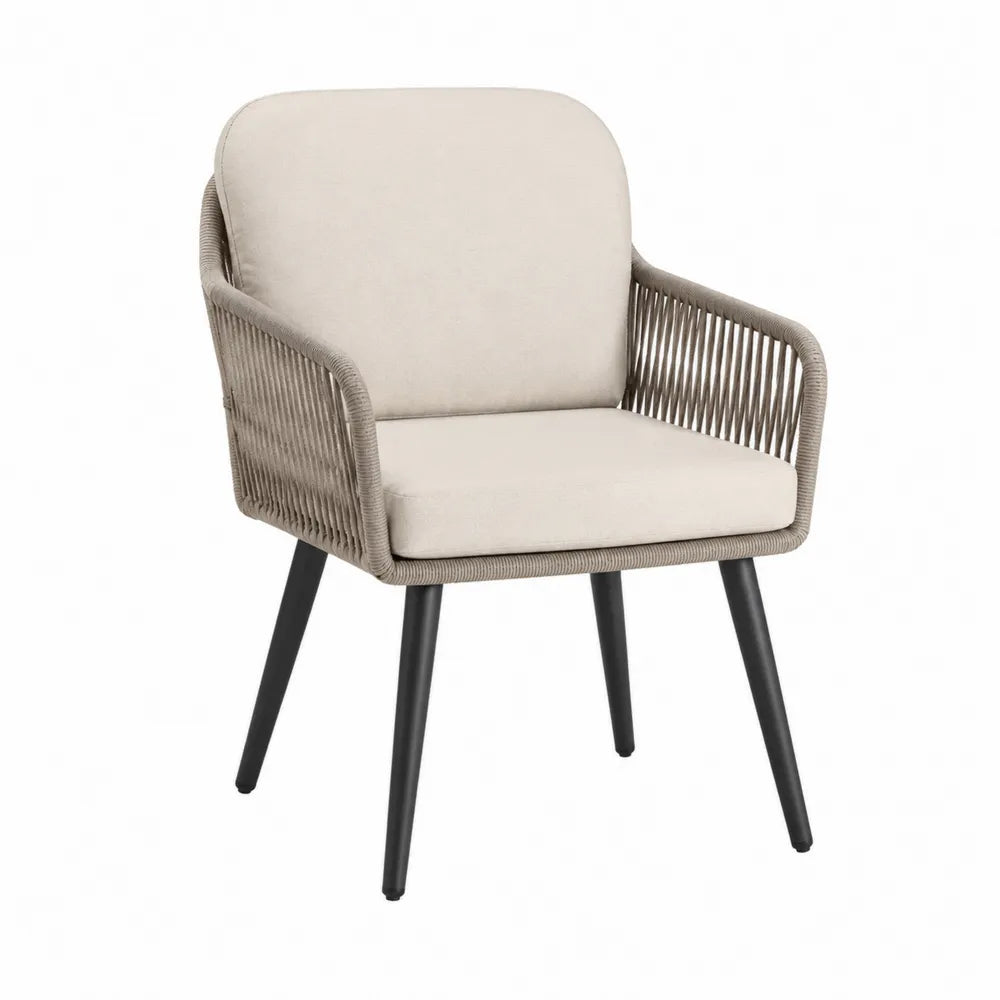 Outdoor Armchair with Beige Cushion and Rope Weave Metal Legs