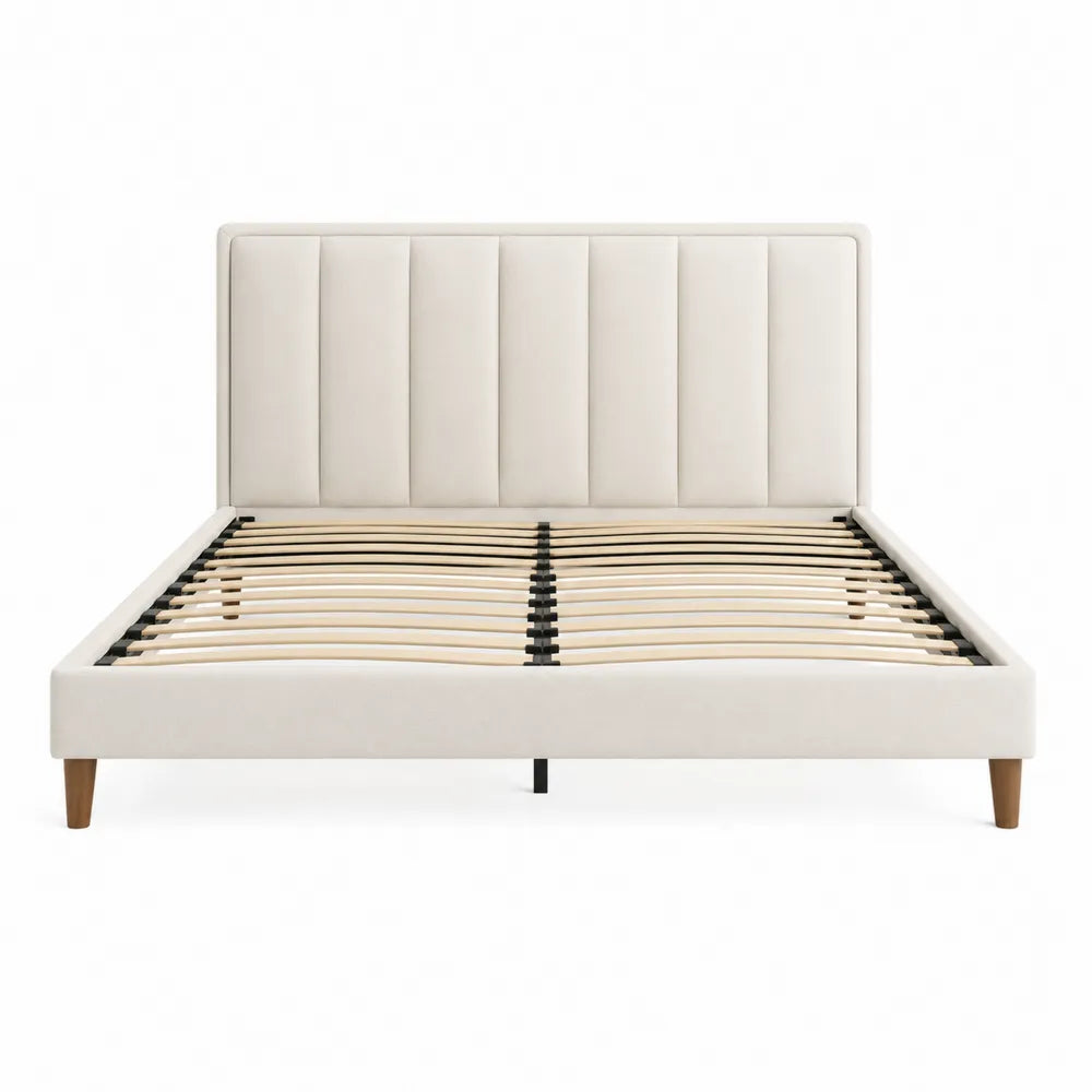 Fabric Upholstered Platform Bed Frame with Wooden Slats Queen Beige