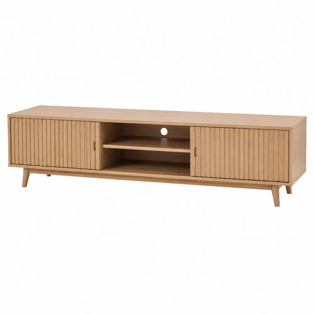 Wood TV Stand with Shelves and Sliding Doors Natural Finish 180cm