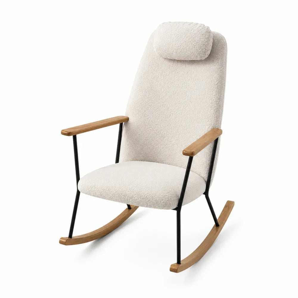 Rocking Chair with Boucl¨¦ Fabric and Wood Armrests