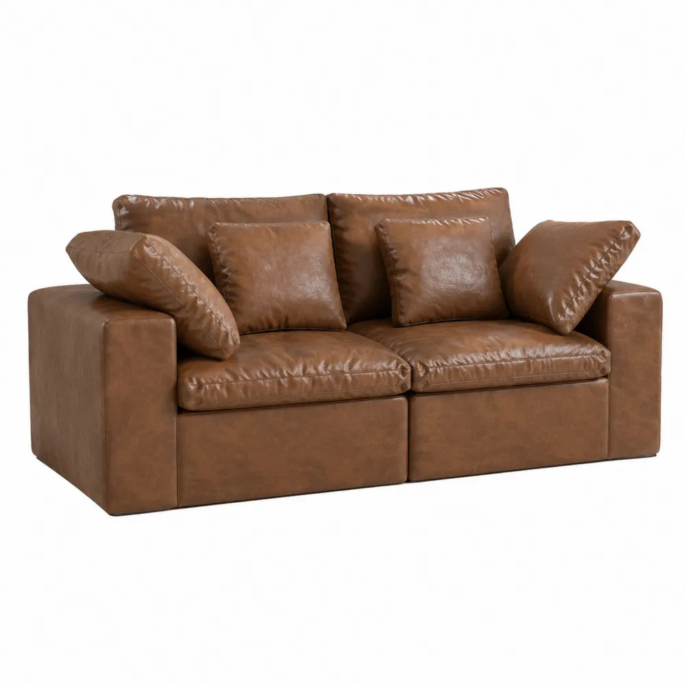 Brown Faux Leather Loveseat Sofa with Square Arm