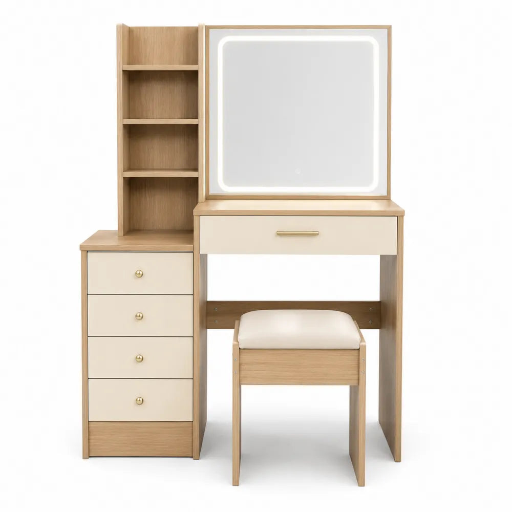Wood and Faux Leather Vanity Set with LED Mirror and Storage Shelves