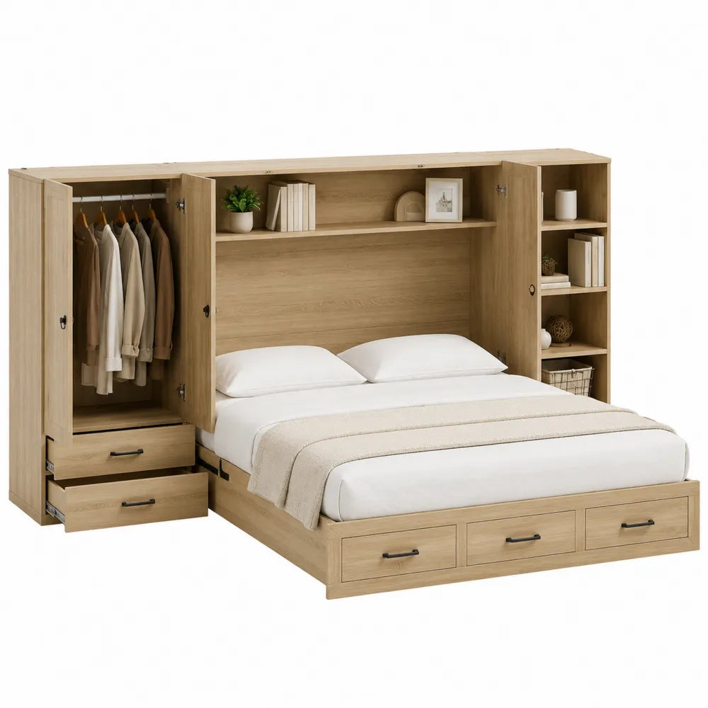 Queen Size Engineered Wood Platform Bed with Storage and Wardrobe, Oak Finish